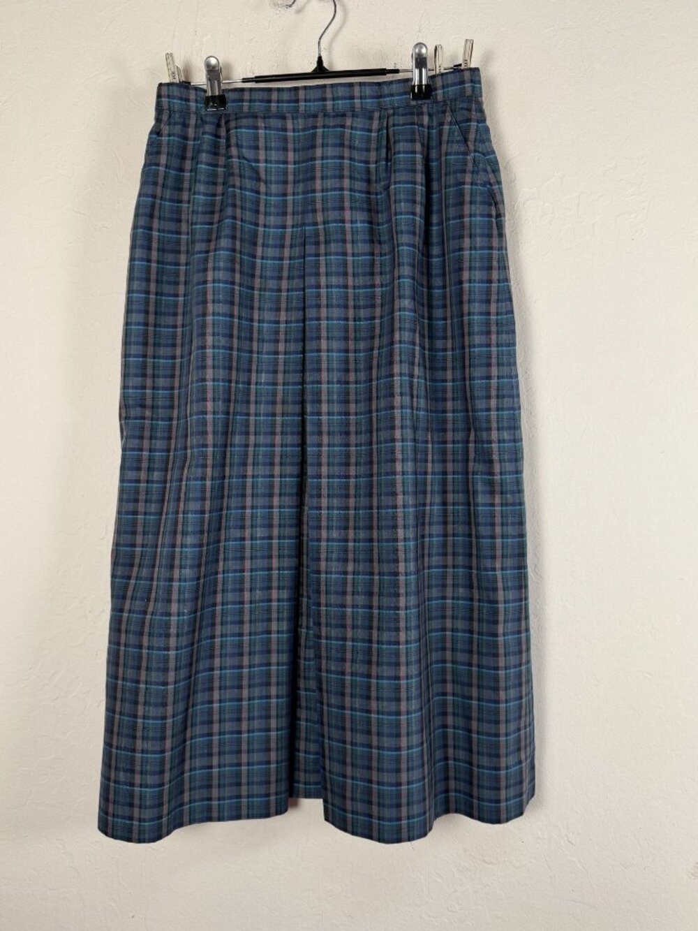 Hucke Women's Blue Green Plaid Pleated Midi Skirt Size 40 Cotton Blend Pockets